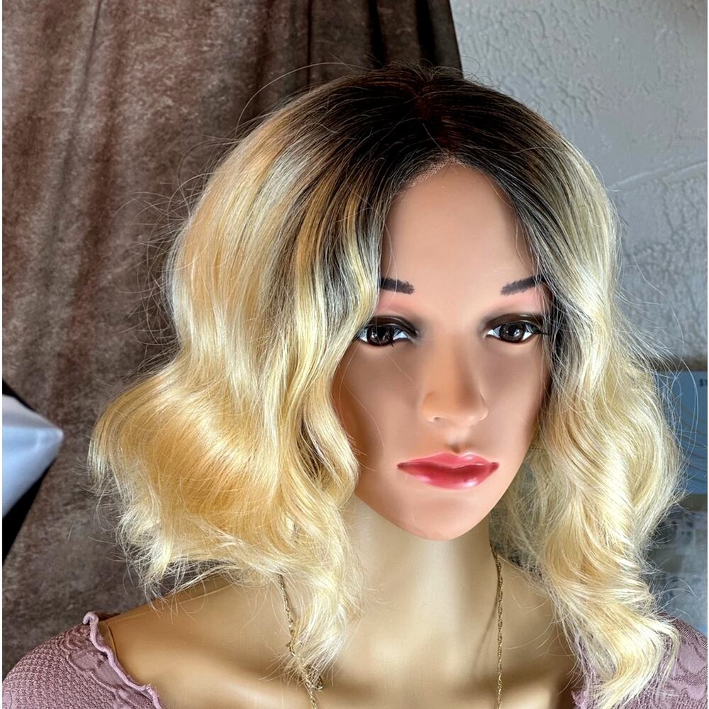 Blonde Ombre Wig Dark Roots Wavy - Picture 4 of 9